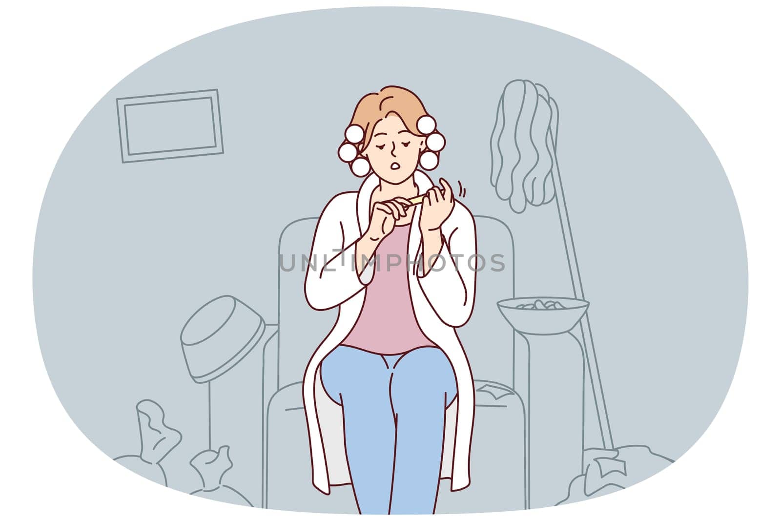 Carefree woman with curlers on hair sits on armchair taking care of nails ignoring garbage in apartment. Lazy girl does not want to clean up is resting in house with mess. Flat vector design