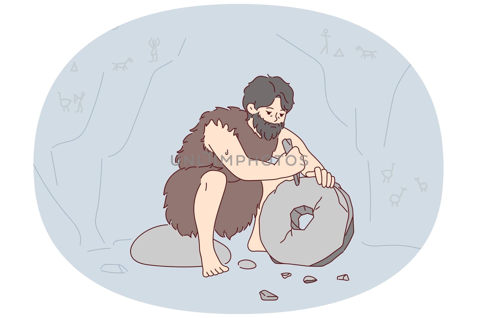 Ancient man with beard who lives in cave uses stone tool to create wheel. Neanderthal man in cloak made of animal skin invents primitive devices for grinding grain. Flat vector illustration