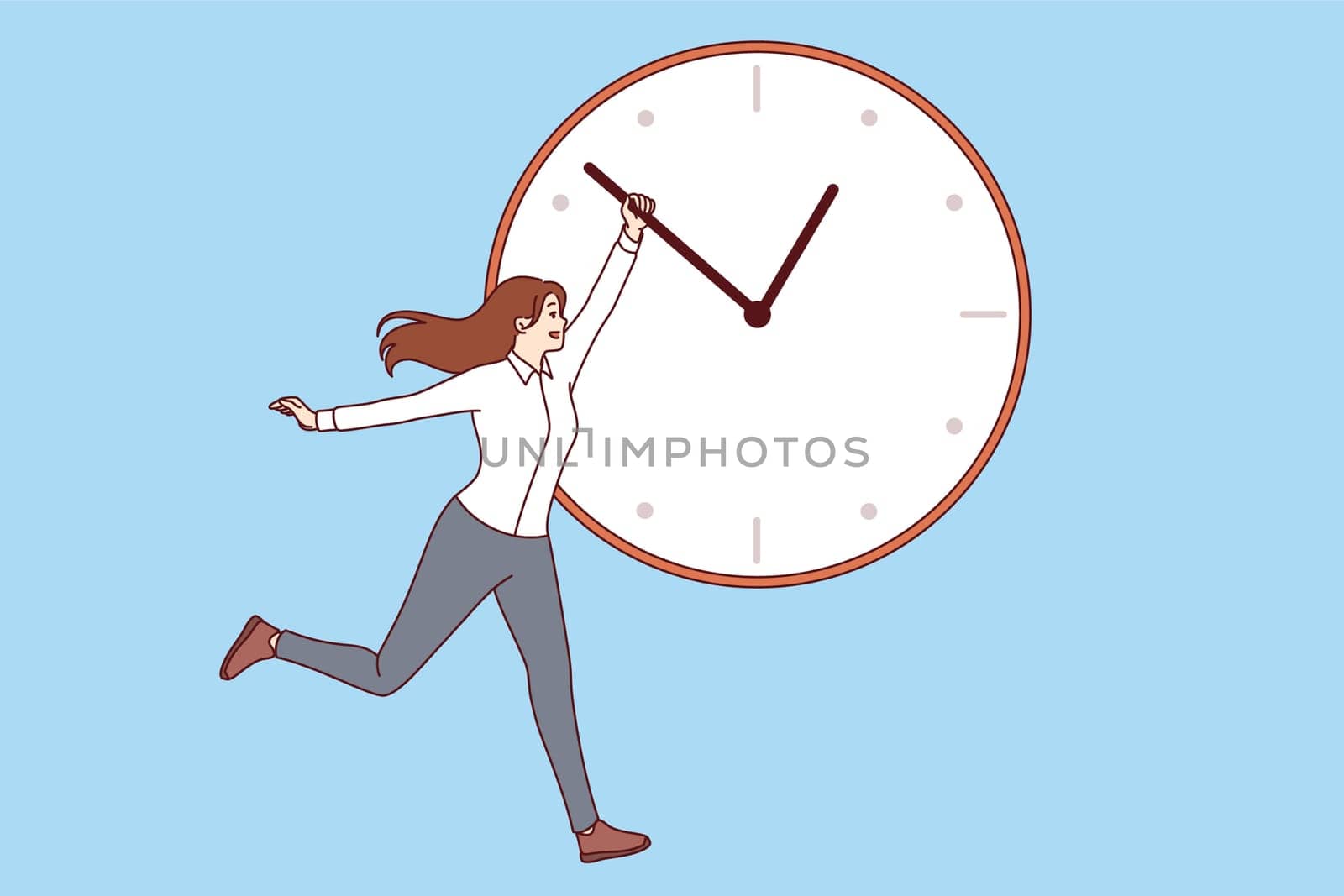Woman manager is trying to be productive, holding back hand of big clock to get work done on time. Happy businesswoman wants to succeed in career and works productive meeting deadlines