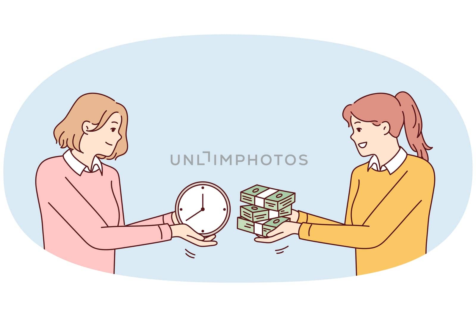 Two women exchange wads of money and watches, symbolizing purchase of free time or employment with hourly pay. Girl sells time in exchange for financial reward. Flat vector illustration