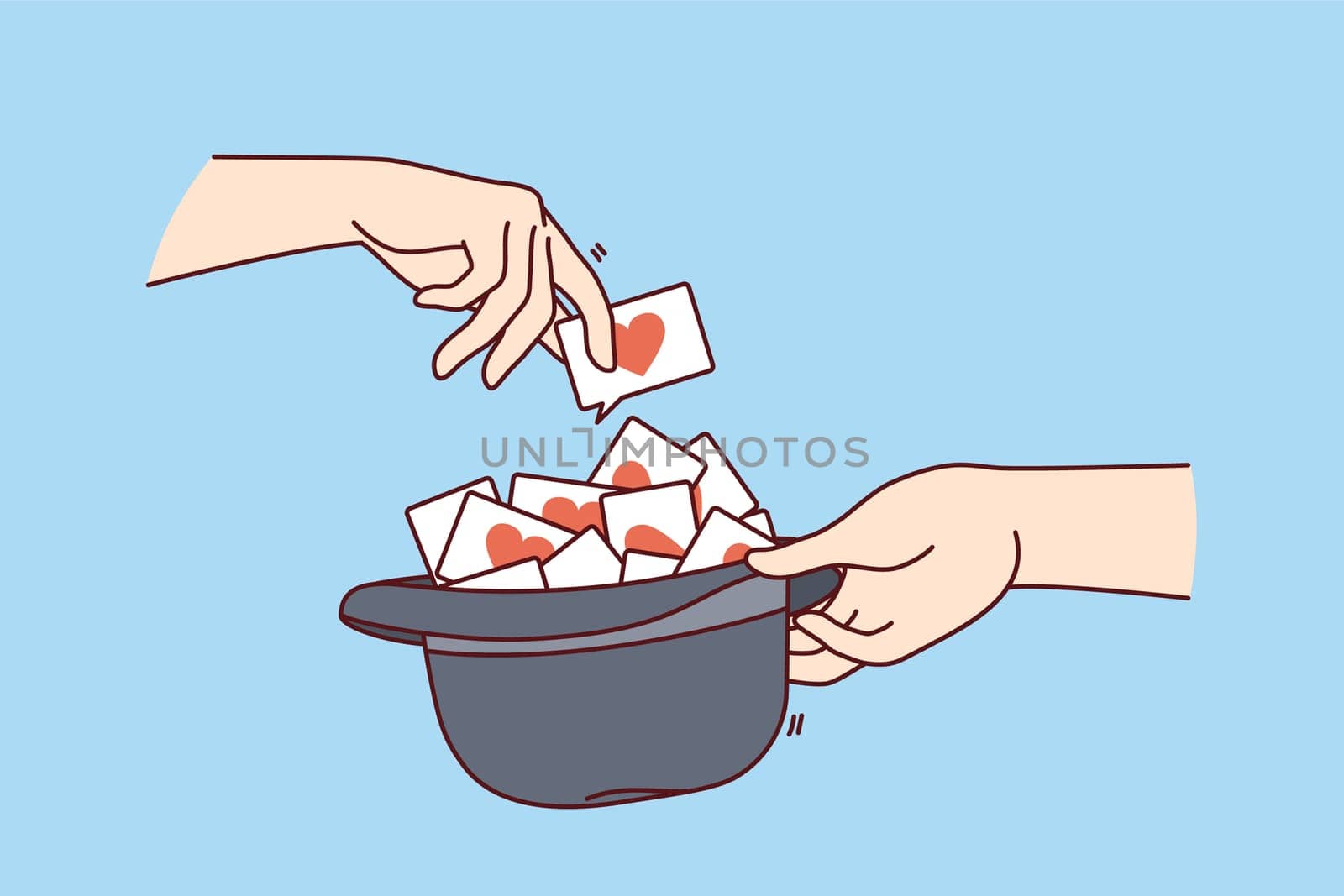 Love notes or wishes inside hat and hands of people playing romantic game for spouses or bride and groom. Man randomly chooses card with romantic wishes to have good time with other half