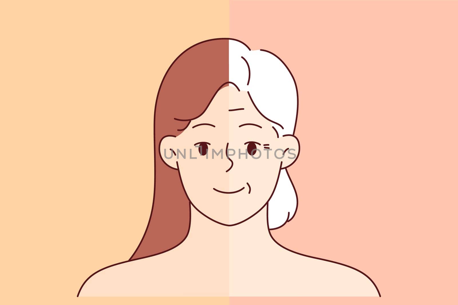 Woman before and after anti-aging cosmetic procedure and hair coloring in beauty salon. Aging process of young girl turning into female pensioner for advertising anti-aging creams and masks