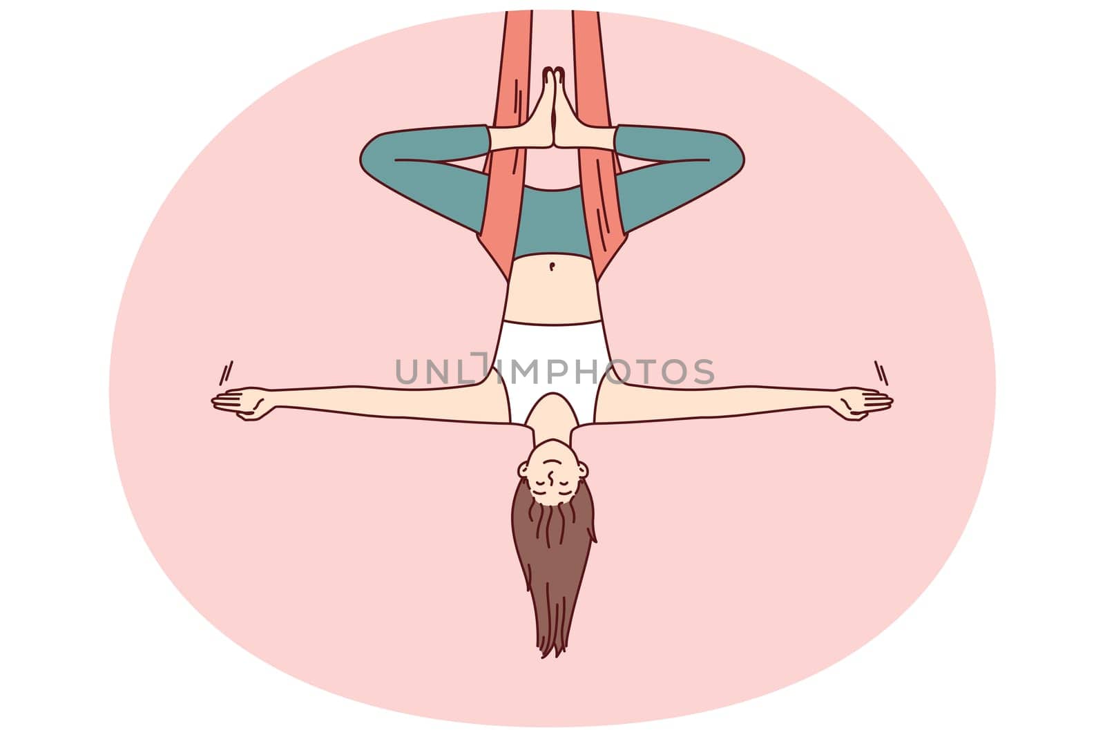 Woman doing aerial yoga hangs upside down in hammock and keeps balance with arms at sides. Girl during workout in yoga studio meditates enjoying practices that cause harmony and get rid of nerves