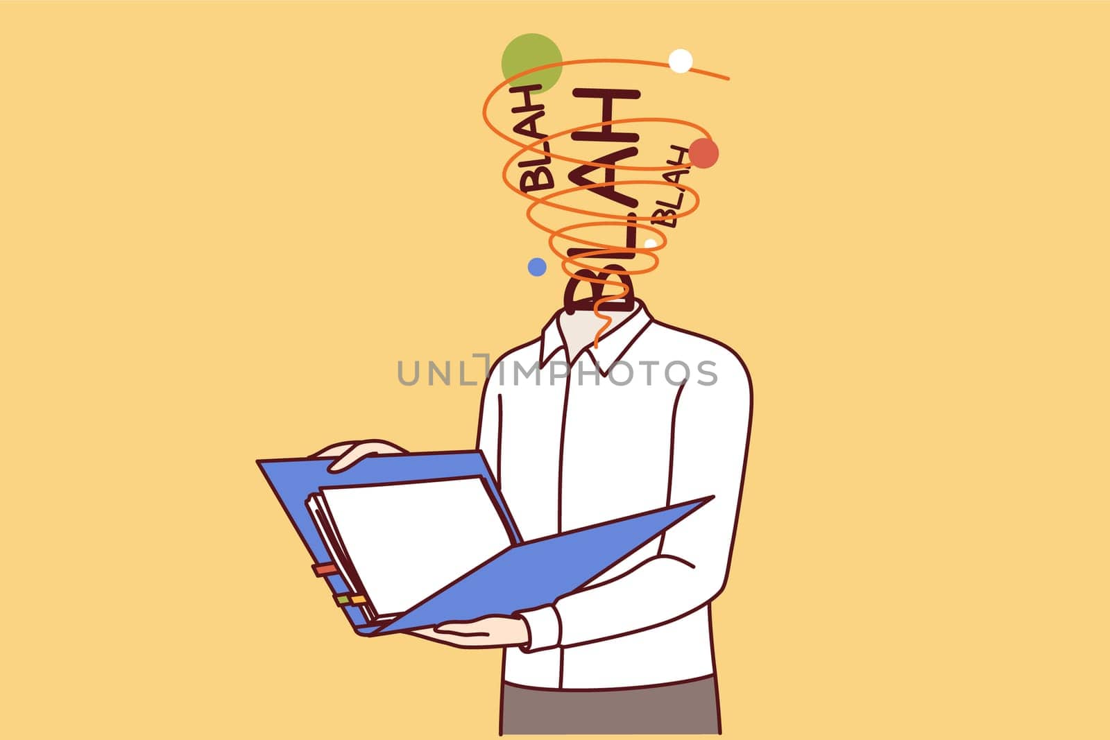 Man office worker, overwhelmed with new ideas, feels brain explode reading business documents. Guy with words blah instead of head is studying business contract or financial analytics data