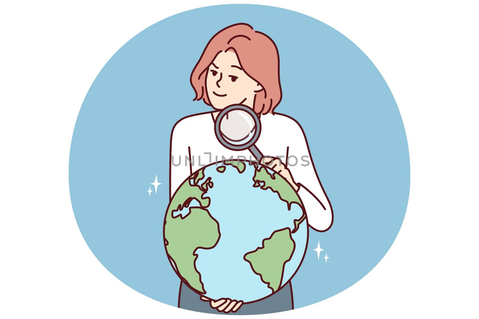 Woman with magnifying glass holds globe studying geography or choosing place for further travel. Inquisitive girl leads country search on globe for concept of international political relations