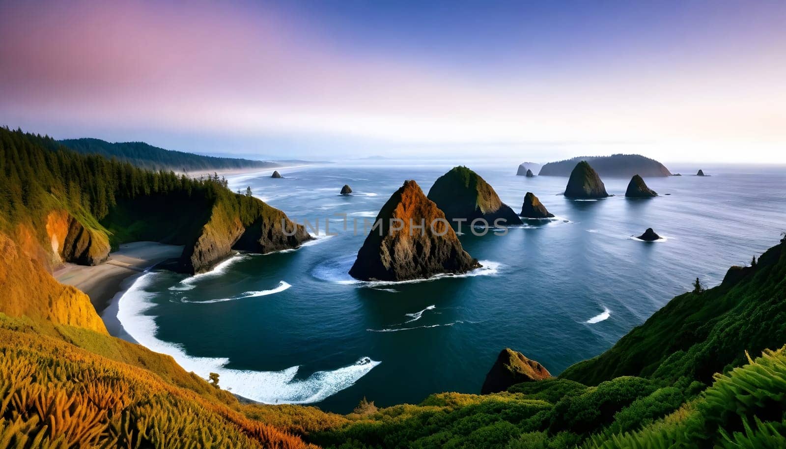 AI generated of a view of the ocean with the rocks in the water and sunset sky