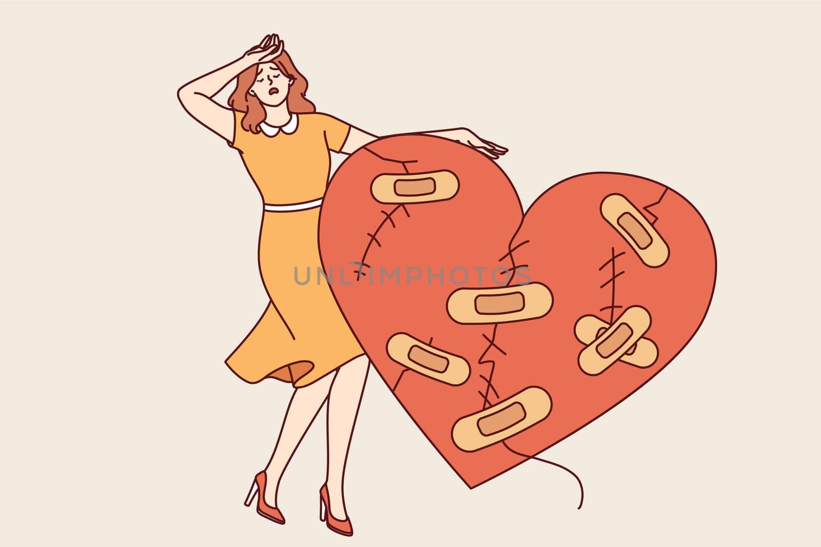 Woman cries after breaking up with man and having problematic relationship, standing near large wounded heart. Upset girl is stressed because of unrequited love or tactical relationship with husband