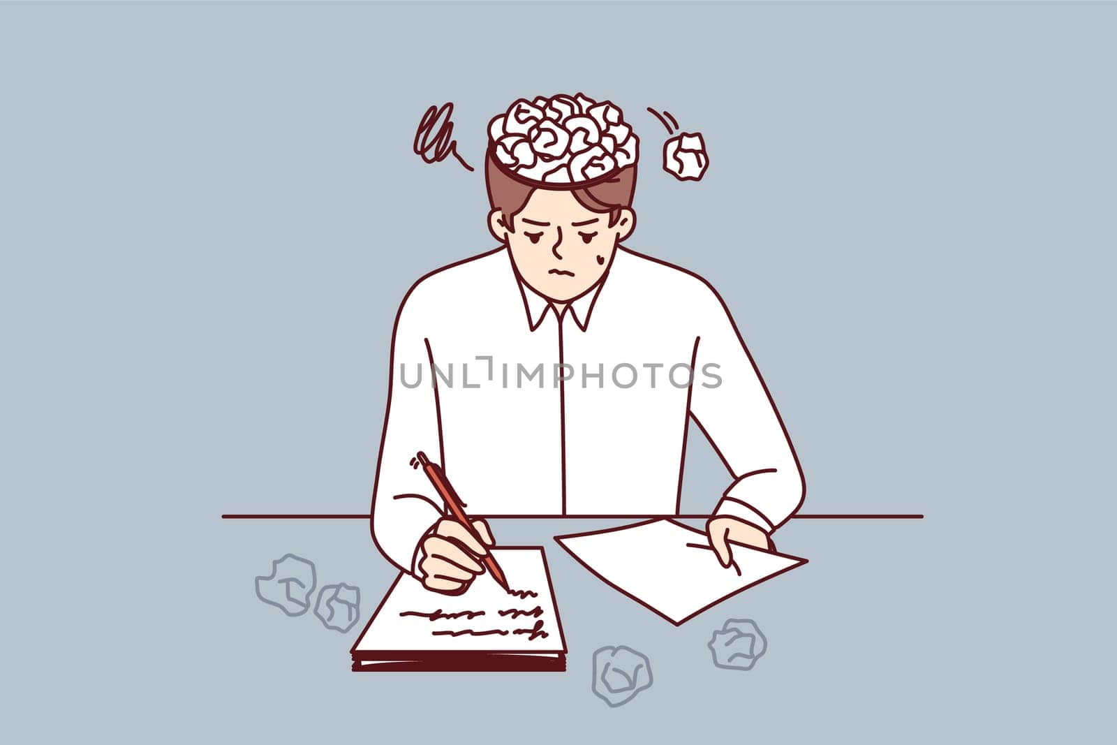 Man writer writes story for own book, sits at table with crumpled papers instead of brain