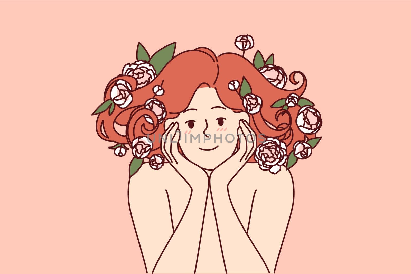 Woman with flowers in beautiful lush hair smiles, recommending use of shampoo based on natural plants. Girl rejoices at opportunity to use cosmetics and shampoo made with addition of rose petals