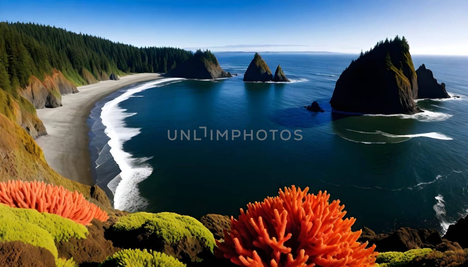 AI generated of a view of the ocean with the rocks in the water and sunset sky