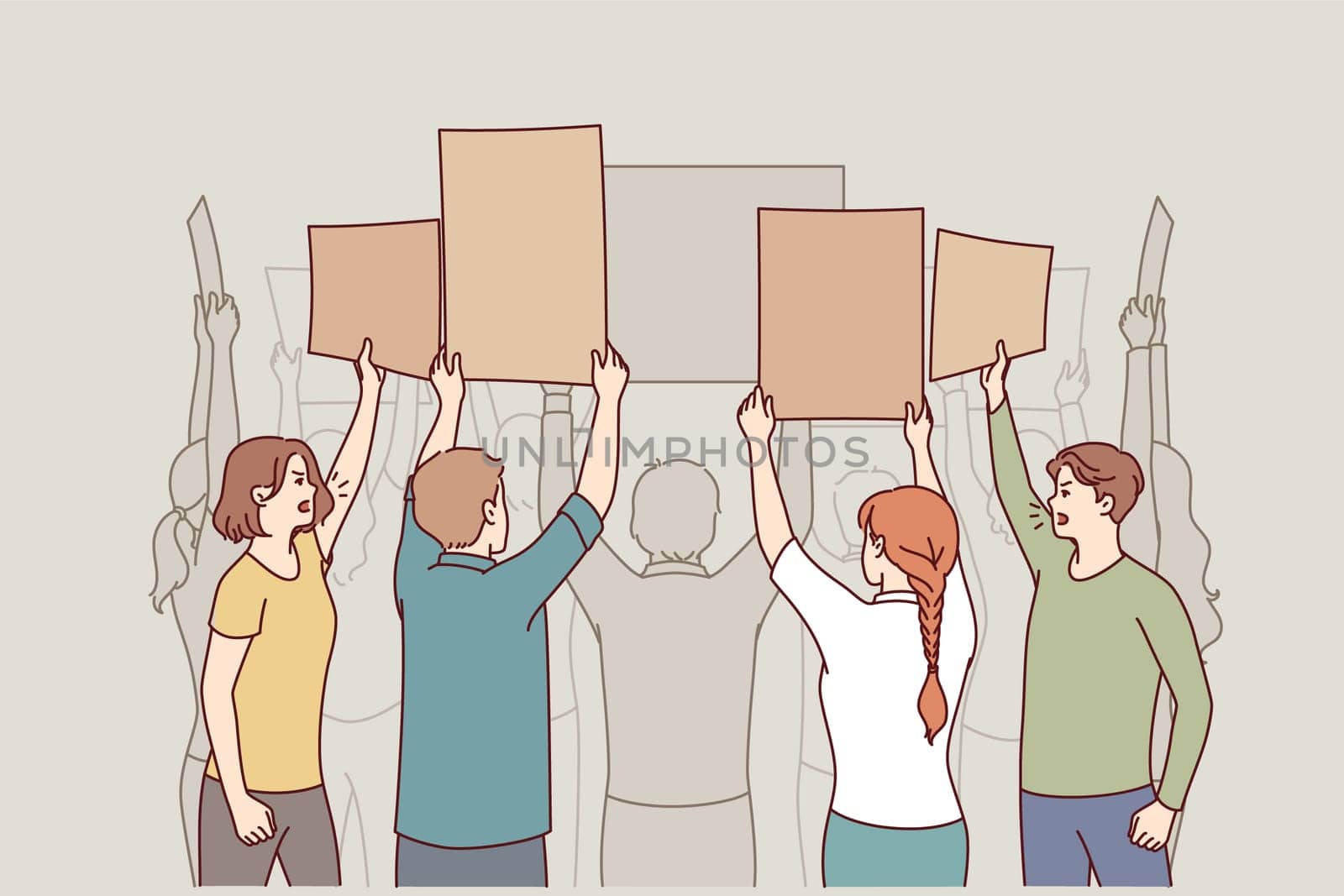 Crowd protesters people with placards oppose political changes or violation of rights. Brave environmental protesters take part in street rally against carbon footprint of climate change