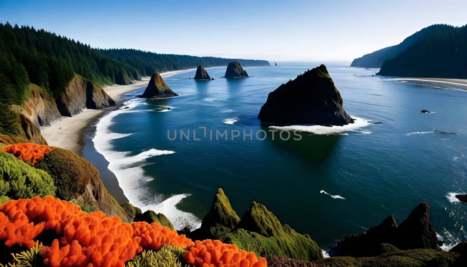 AI generated of a view of the ocean with the rocks in the water and sunset sky