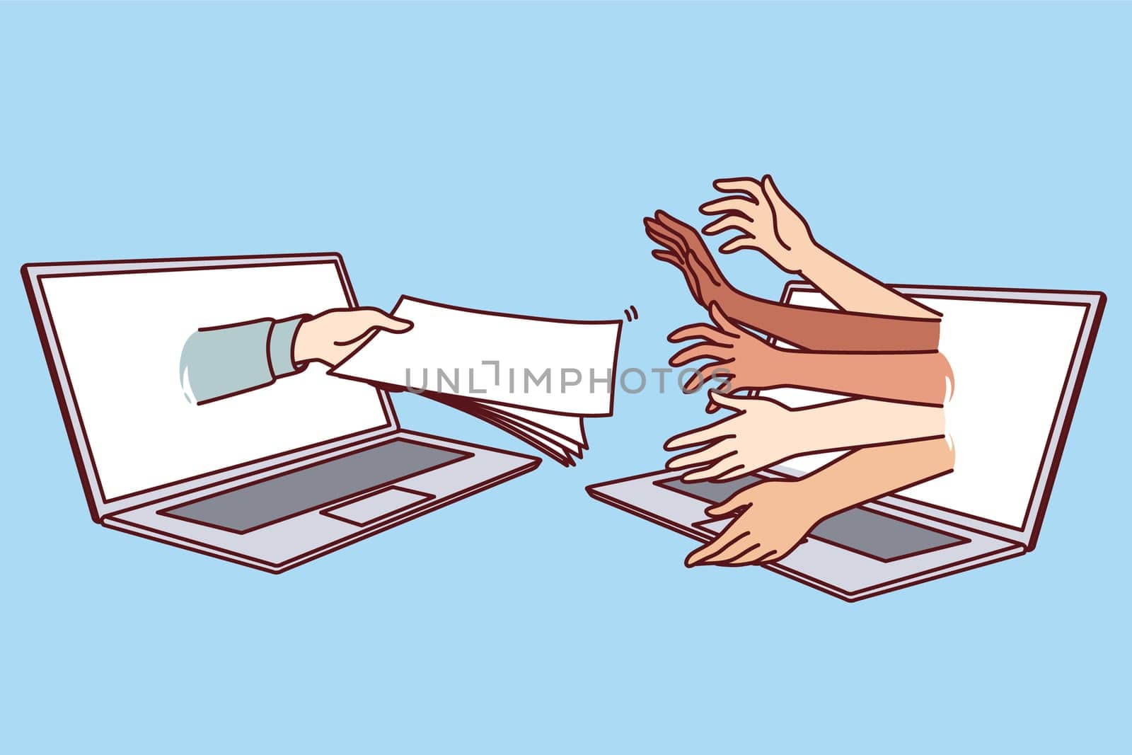 People search job via internet stick hands out of laptop screen to take questionnaire from HR specialist. HR agent invites applicants to fill information for competition for vacant position