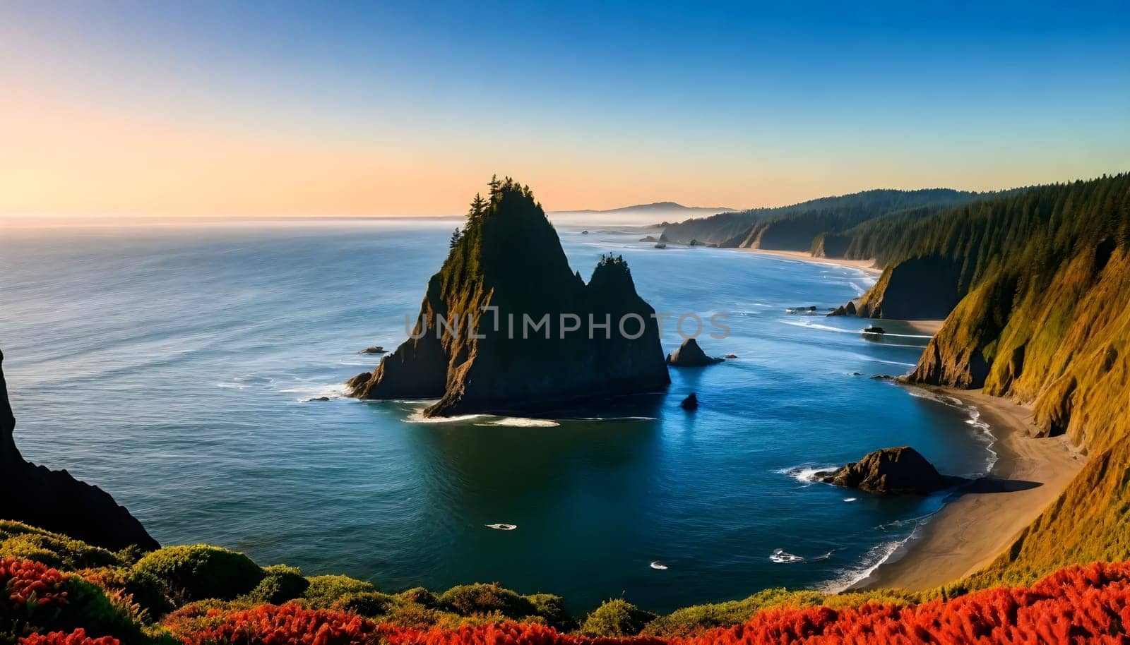 AI generated of a view of the ocean with the rocks in the water and sunset sky
