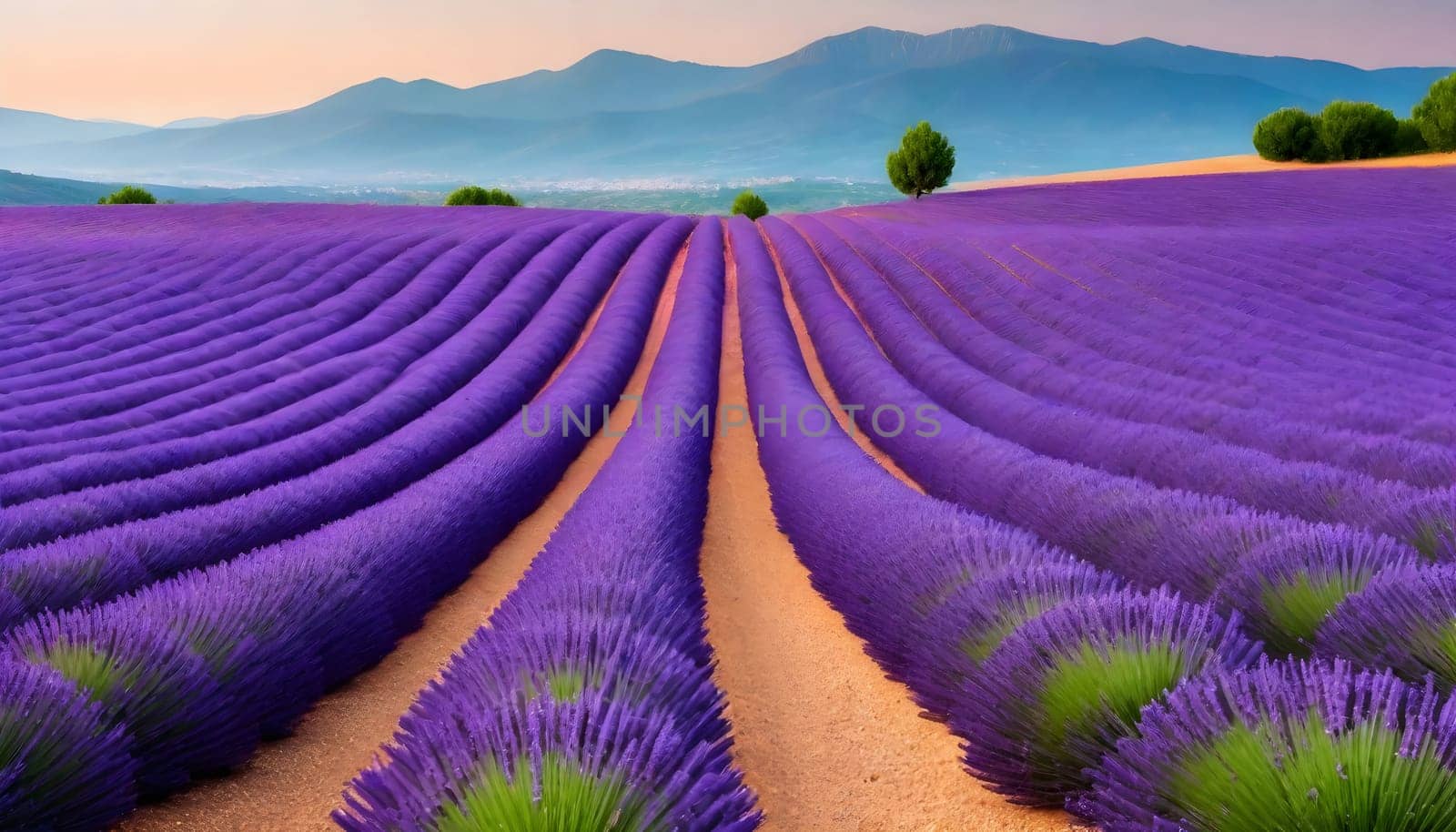 AI generated of a field of lavender with a mountain in the background
