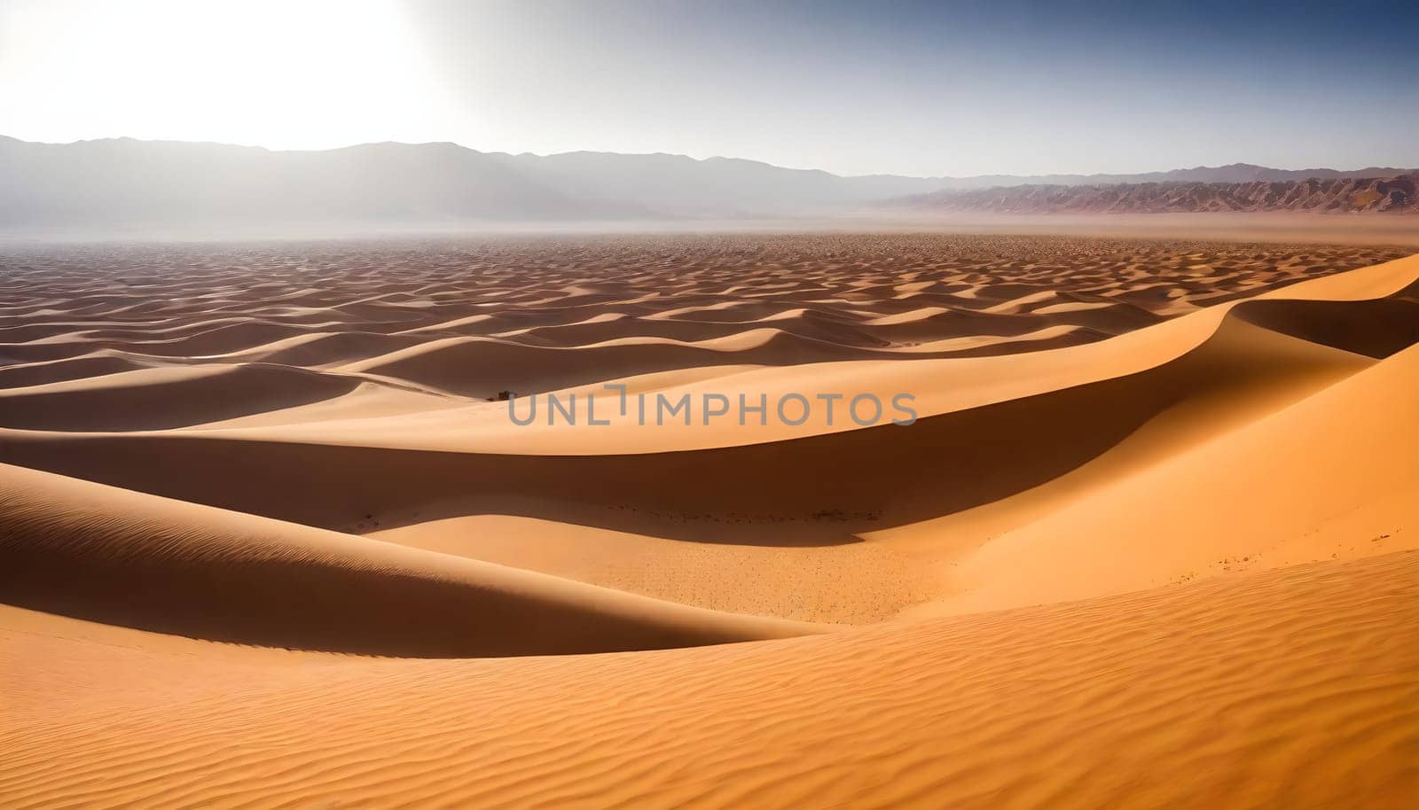 AI generated of a desert with sand dunes and a sun in the background