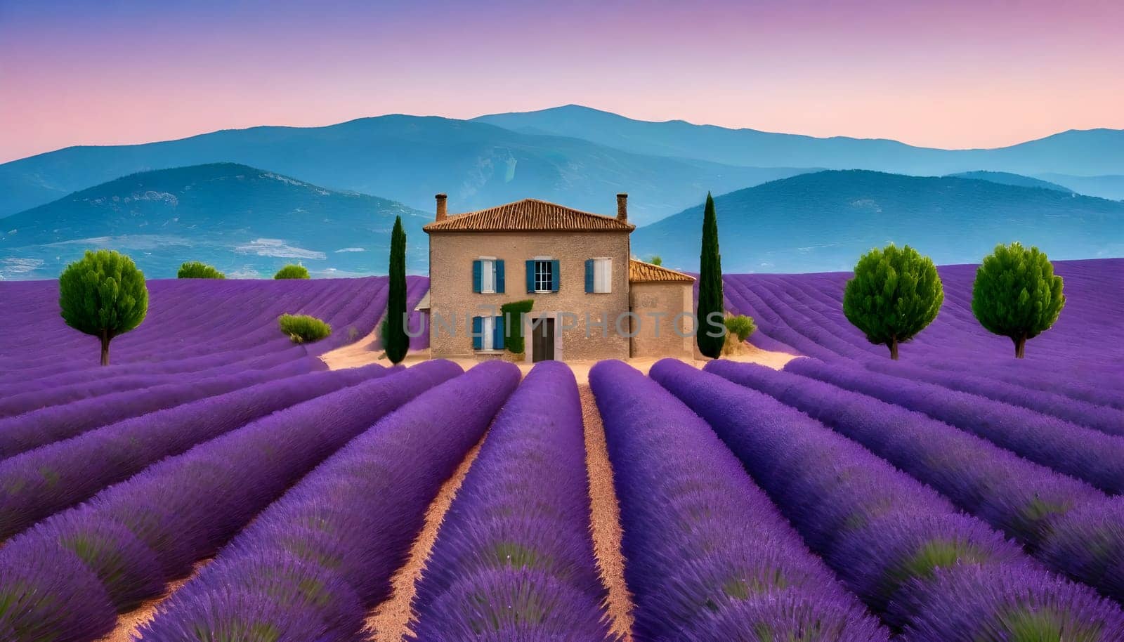 AI generated of a field of lavender with a mountain in the background