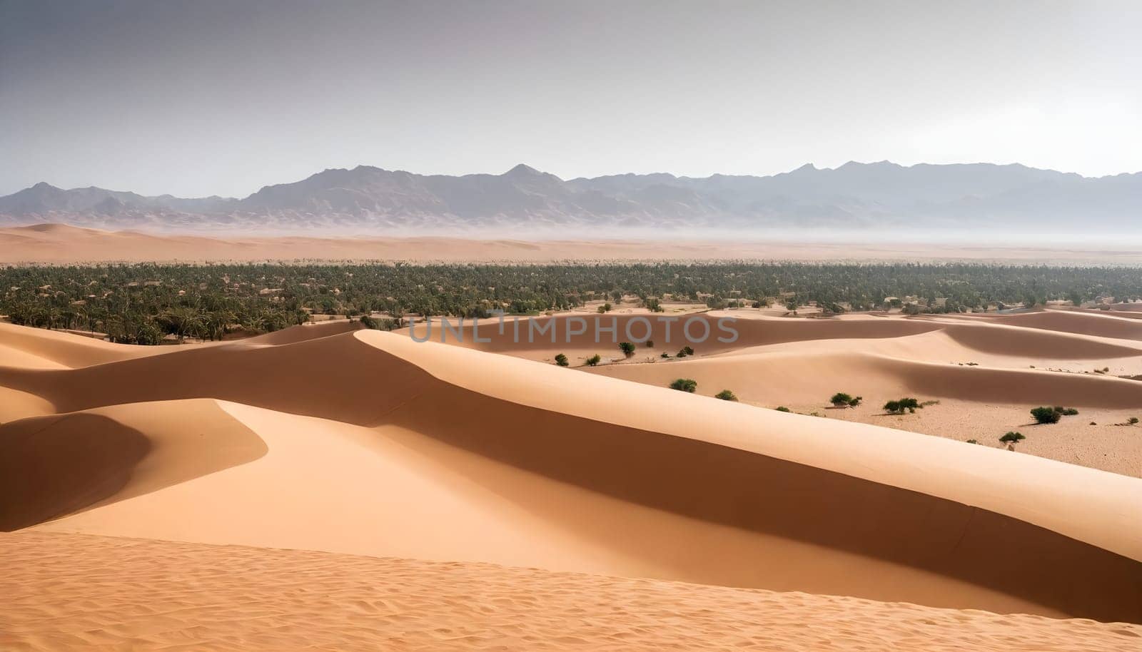 AI generated of a desert with sand dunes and a sun in the background