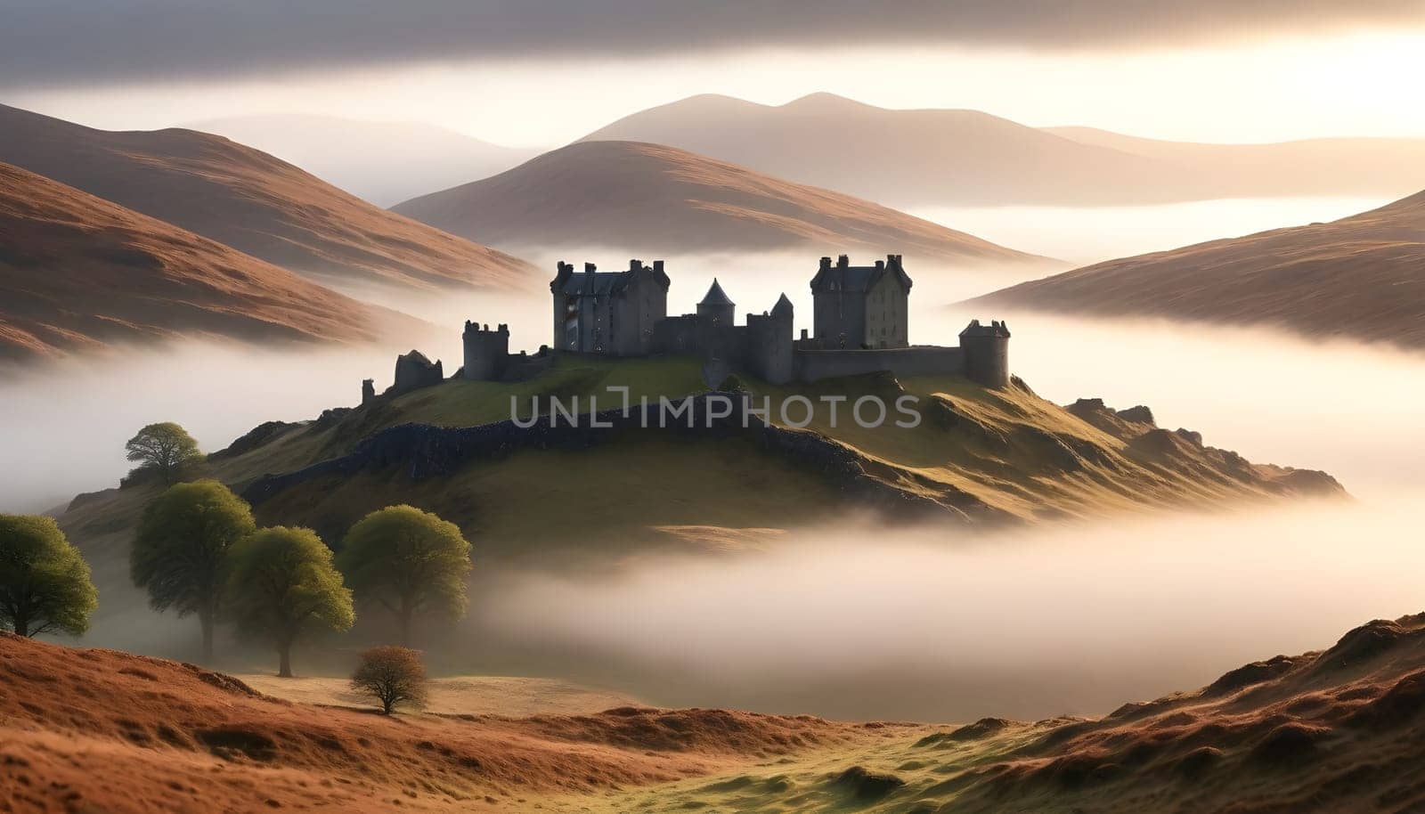 AI generated of a castle is on a hill with a cloudy sky in the background