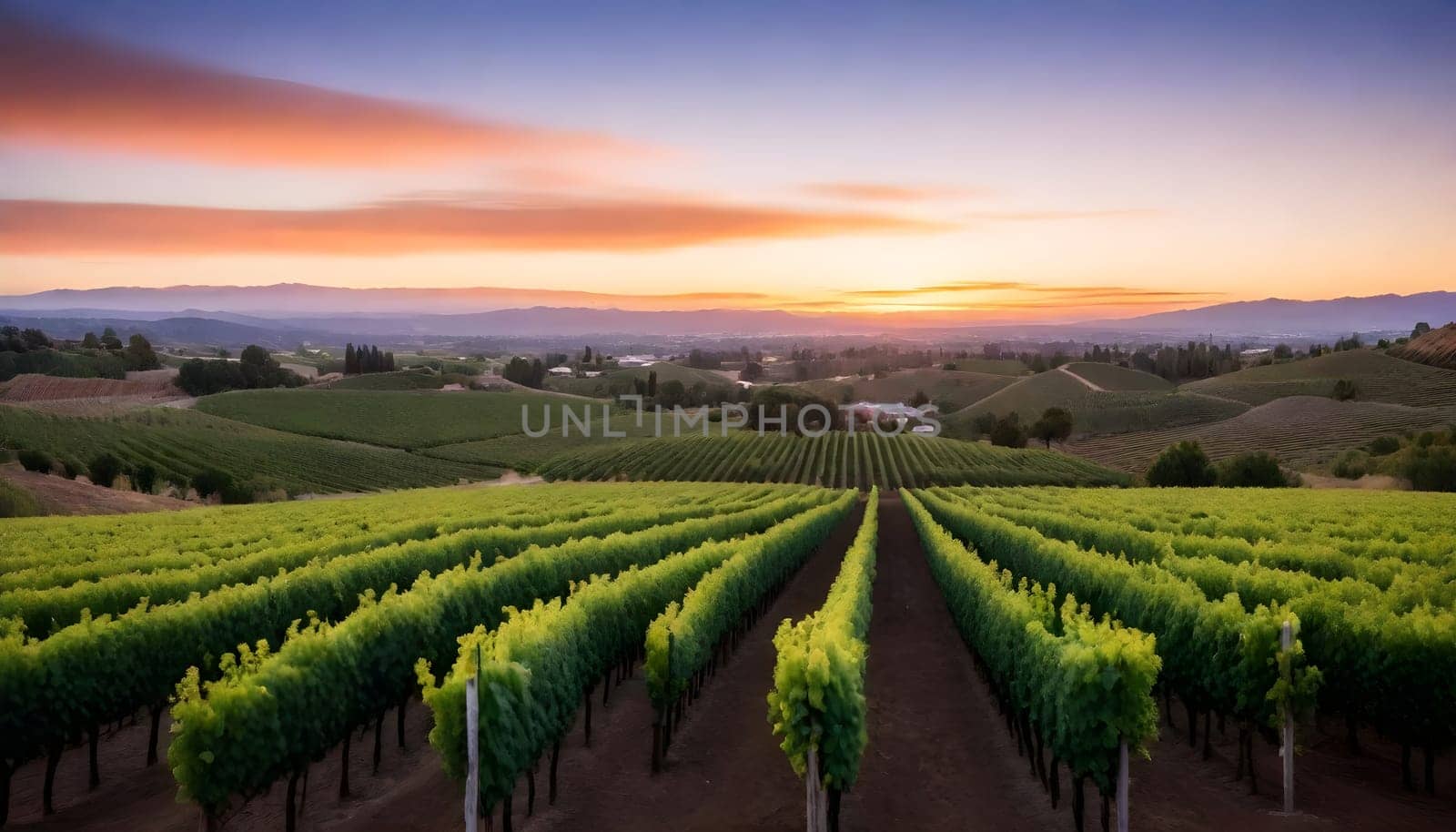 AI generated of a sunset view of a vineyard with a mountain range in the background