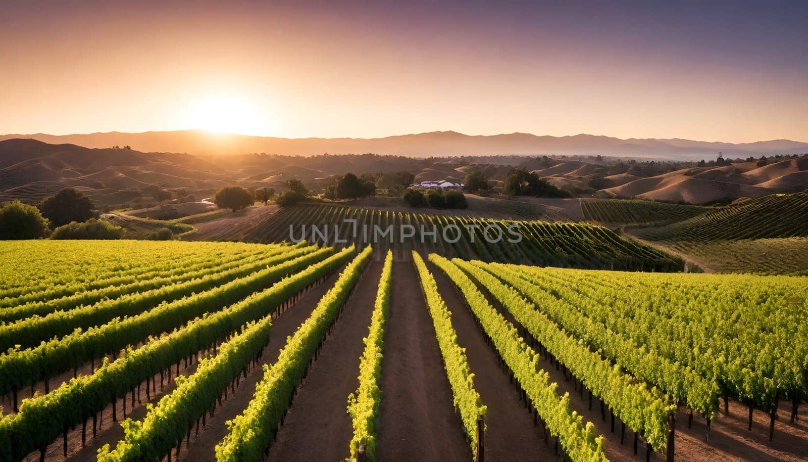 AI generated of a sunset view of a vineyard with a mountain range in the background