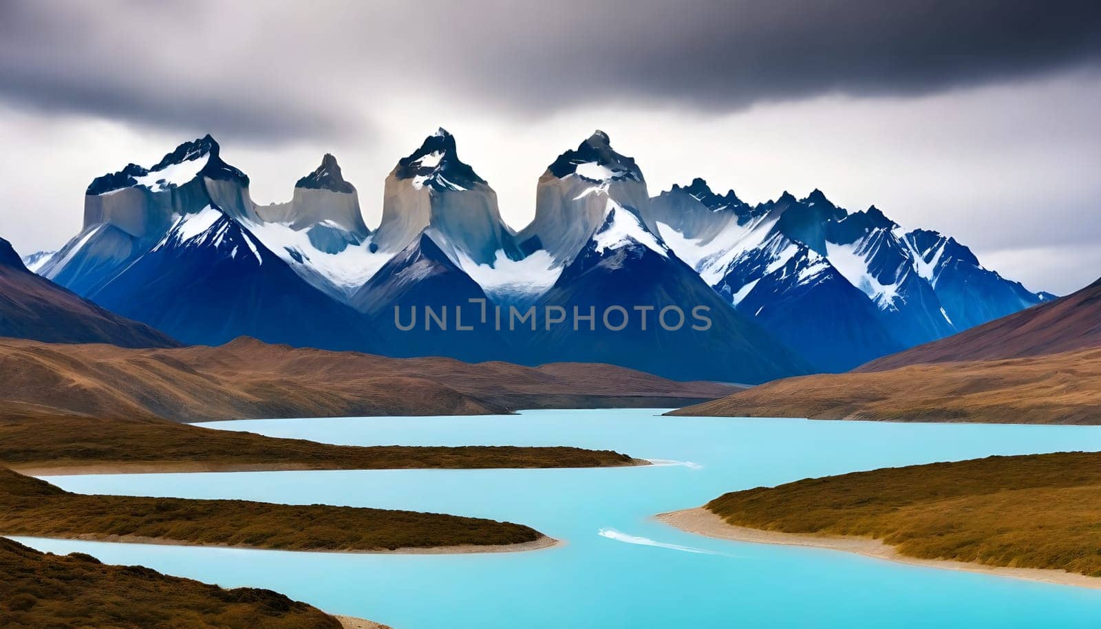 AI generated of a mountain range with a river running through it
