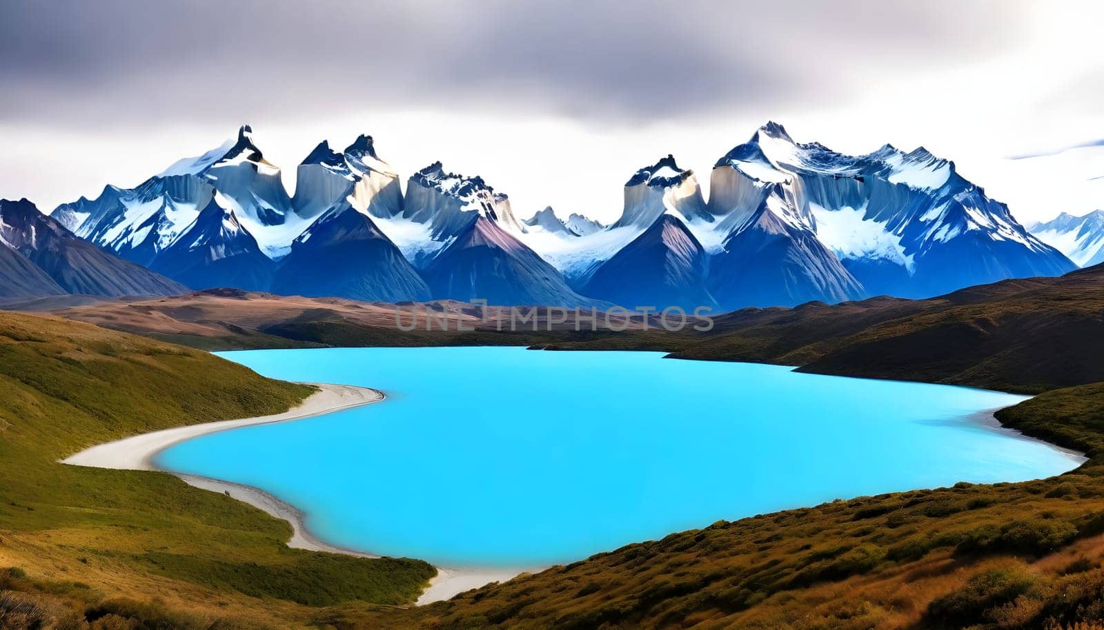 AI generated of a mountain range with a river running through it
