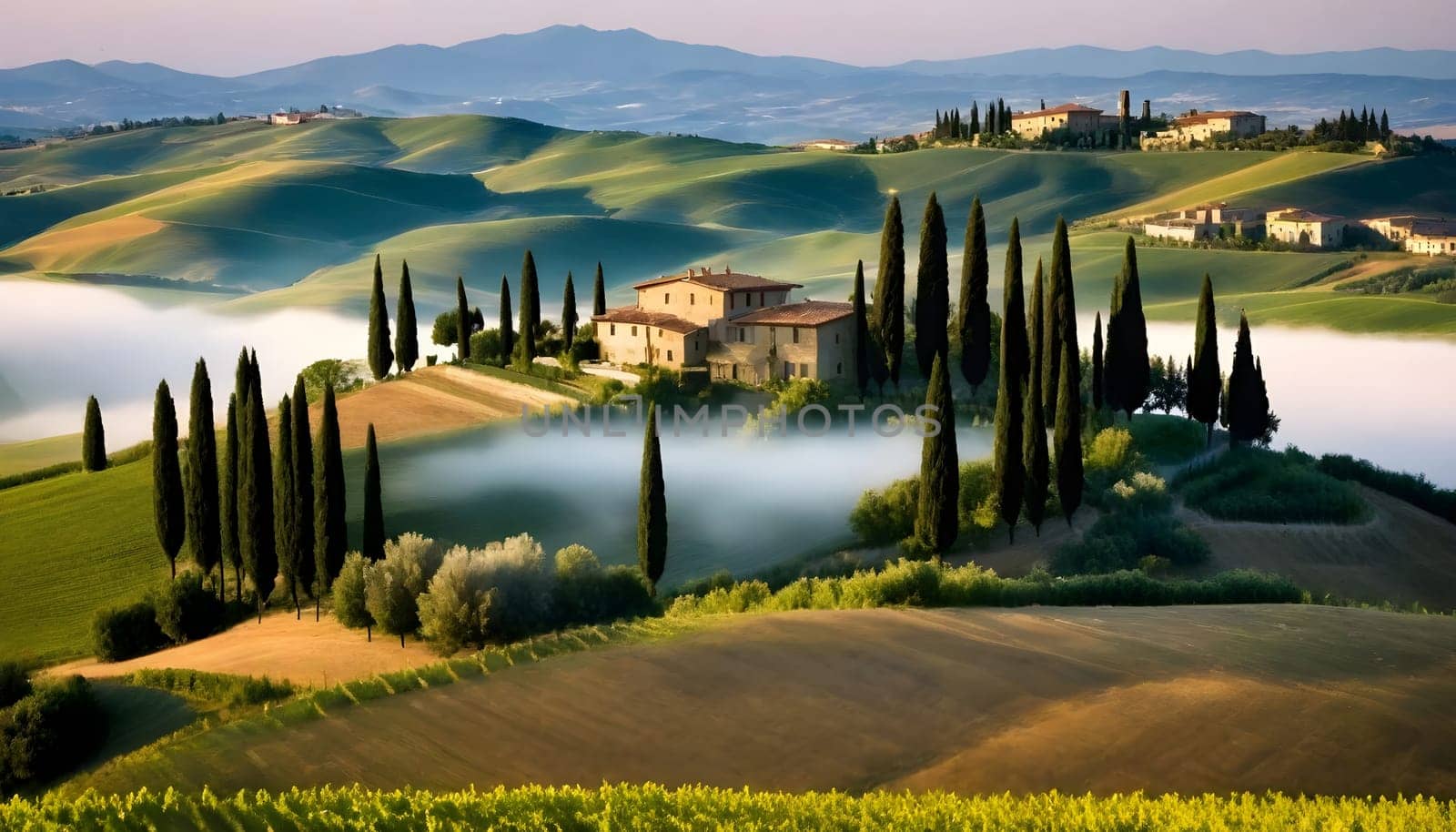 AI generated of a house on a hill with a vineyard in the background