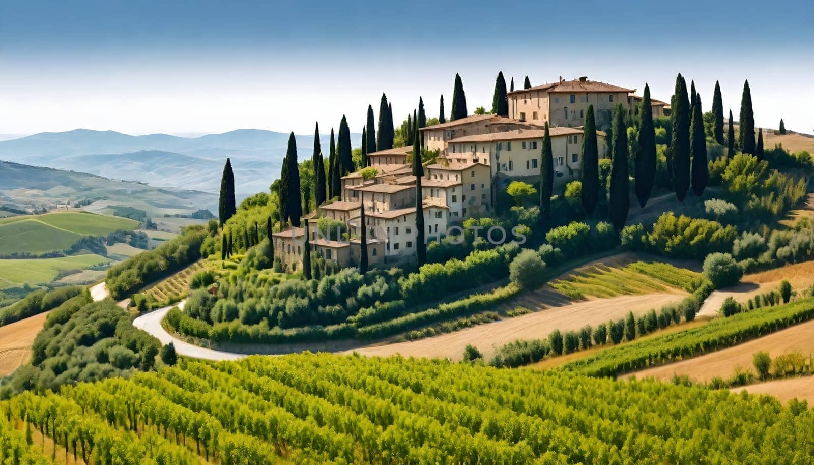 AI generated of a house on a hill with a vineyard in the background