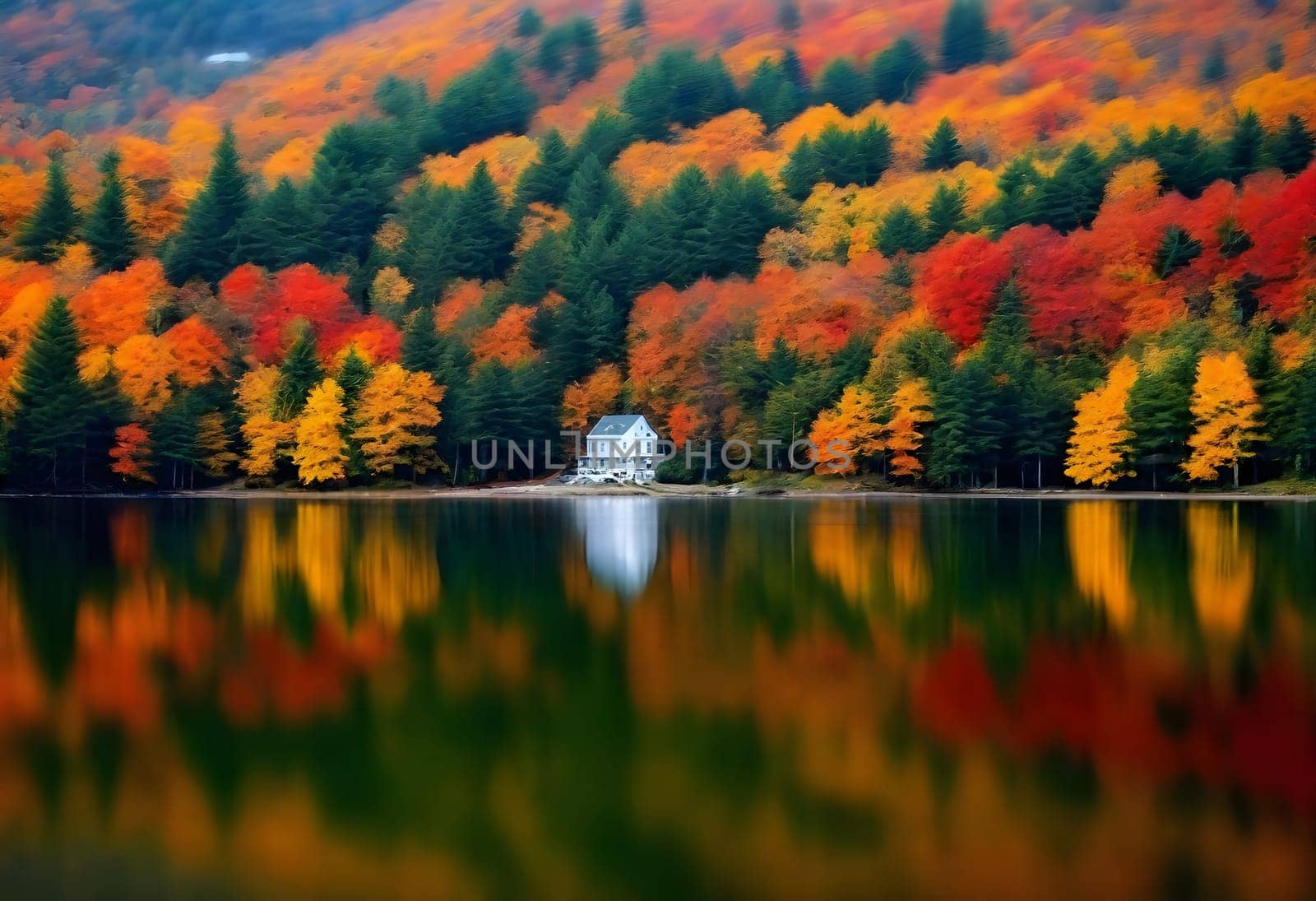 AI generated of a lake is in the background with colorful trees on background