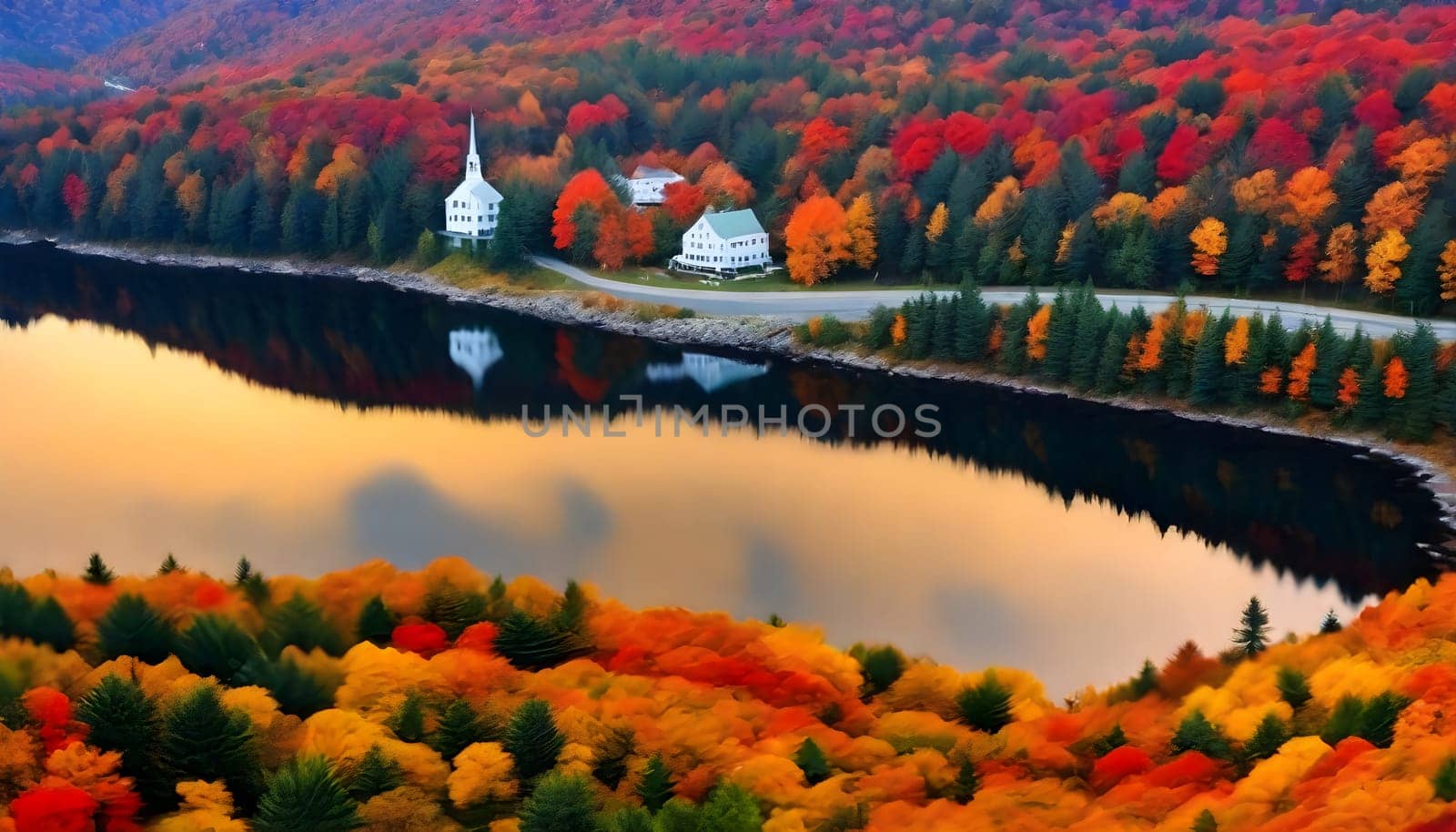 AI generated of a lake is in the background with colorful trees on background