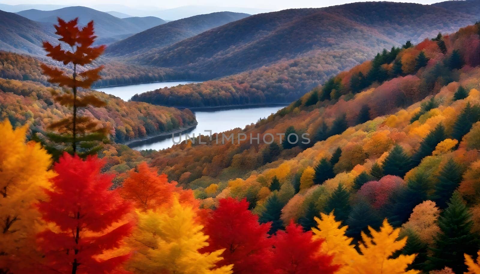 AI generated of a lake is in the background with colorful trees on background