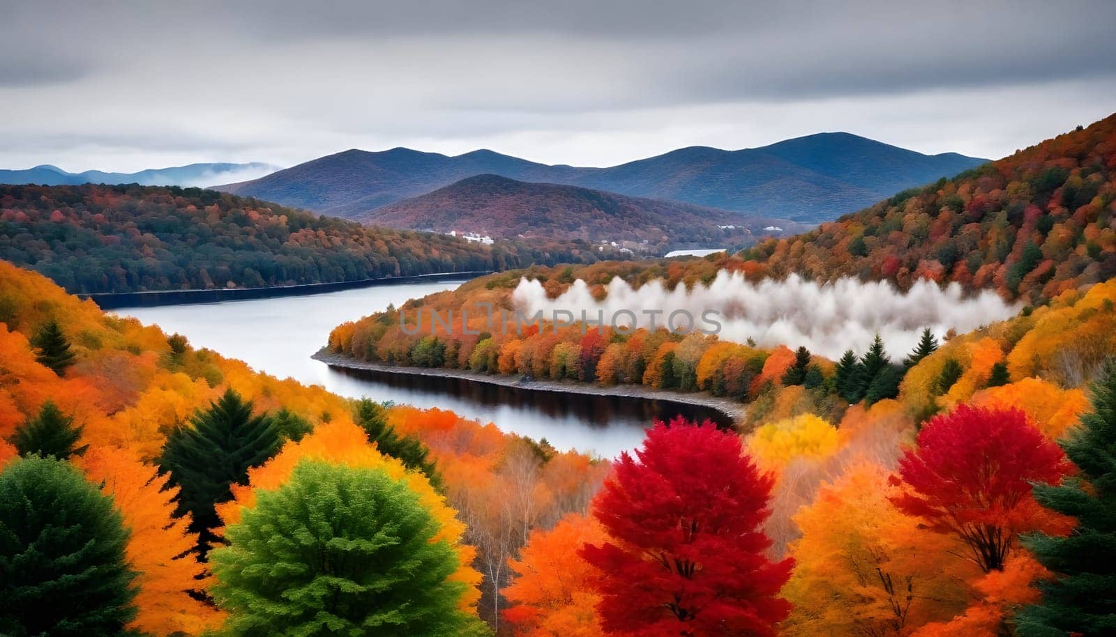 AI generated of a lake is in the background with colorful trees on background