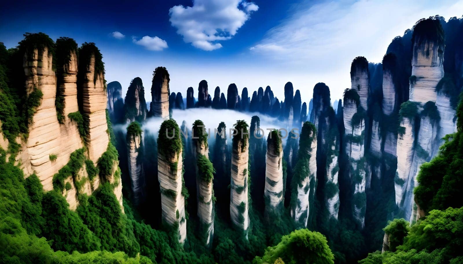 AI generated of a picture of a rock formation with trees in the background