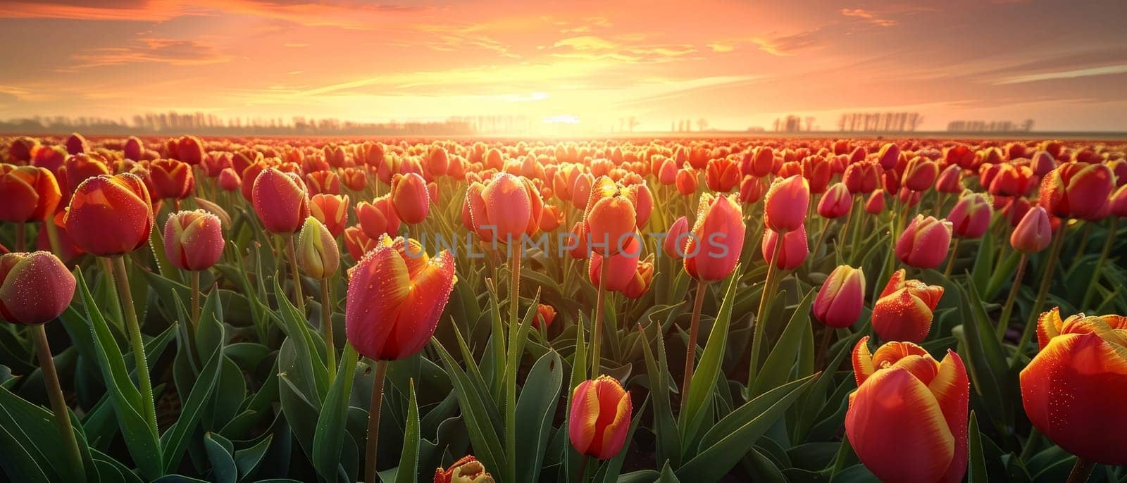 A breathtaking view of a colorful tulip field at sunrise, with glistening dew drops and a captivating sky.