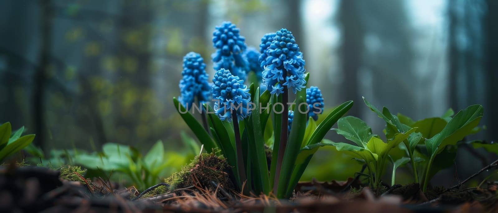 A serene display of blue hyacinths flourishing in an enchanted forest, basking in the ethereal glow of a sunlit backdrop.