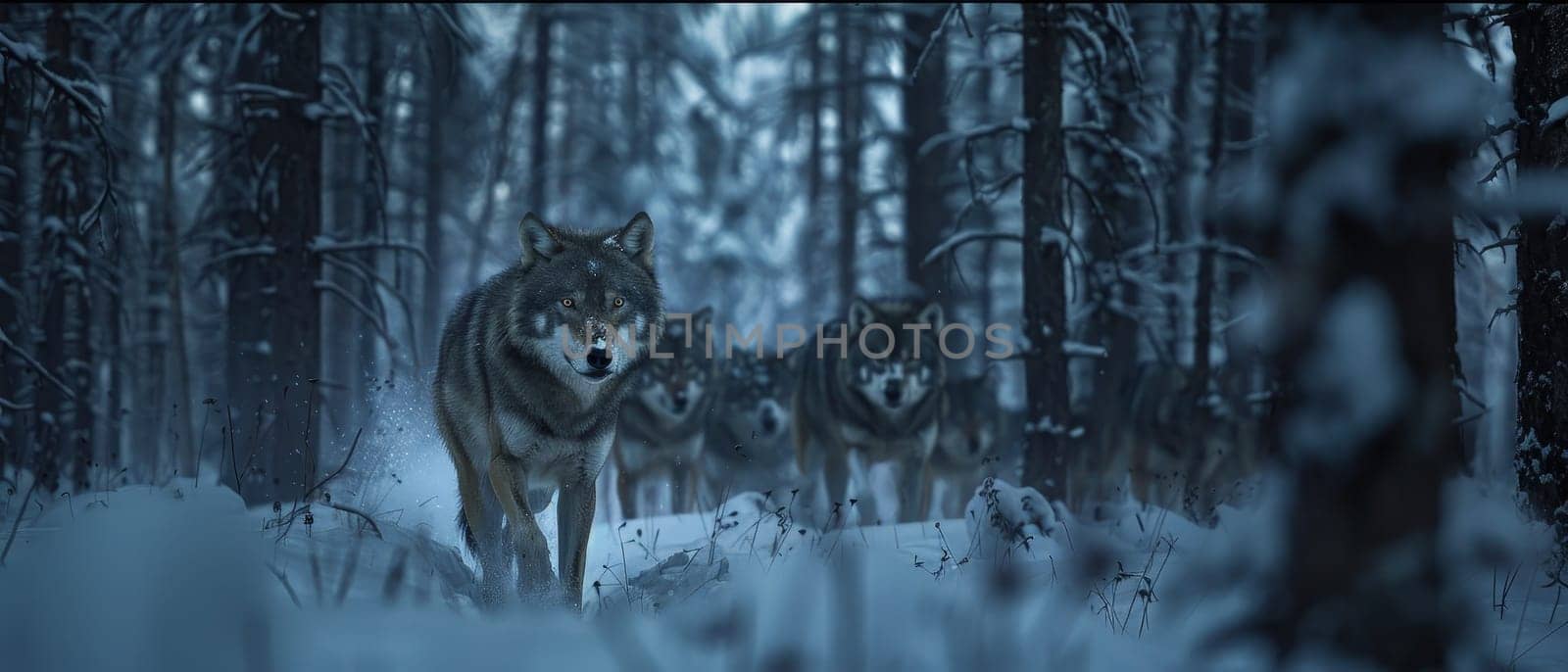 A wolf pack treks through the snow in a dense forest during twilight, showcasing the beauty and wildness of nature.