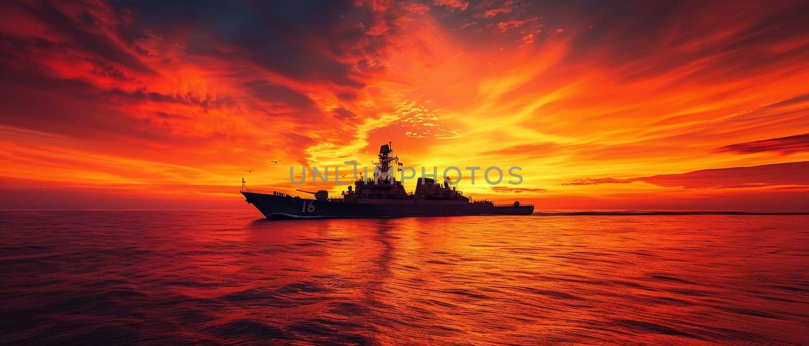 A dramatic sunset sky with vibrant colors silhouetting a navy ship and flying aircraft above the ocean.