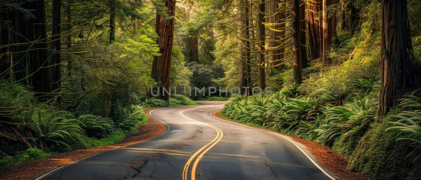 A serene, sunny forest road winding through towering redwood trees, with light piercing through the canopy, creating a tranquil atmosphere.