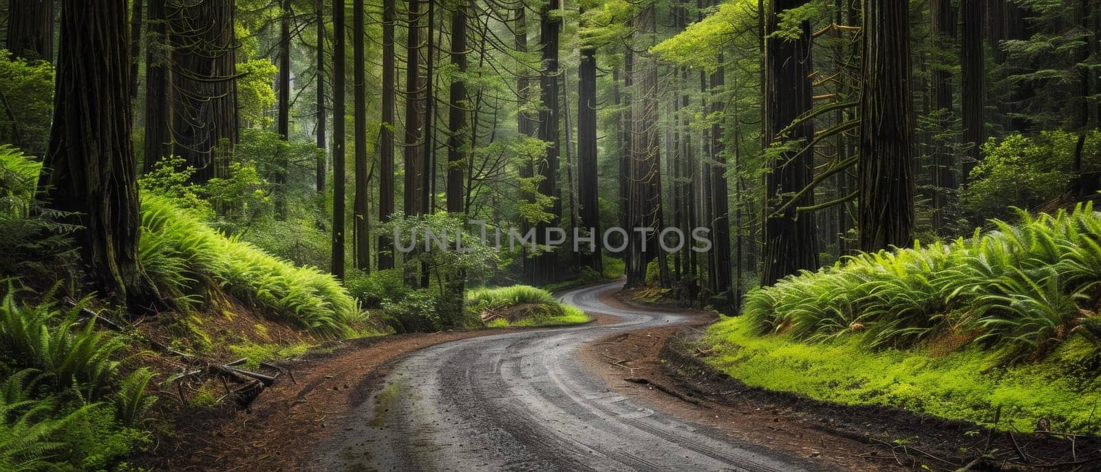 A serene, sunny forest road winding through towering redwood trees, with light piercing through the canopy, creating a tranquil atmosphere.