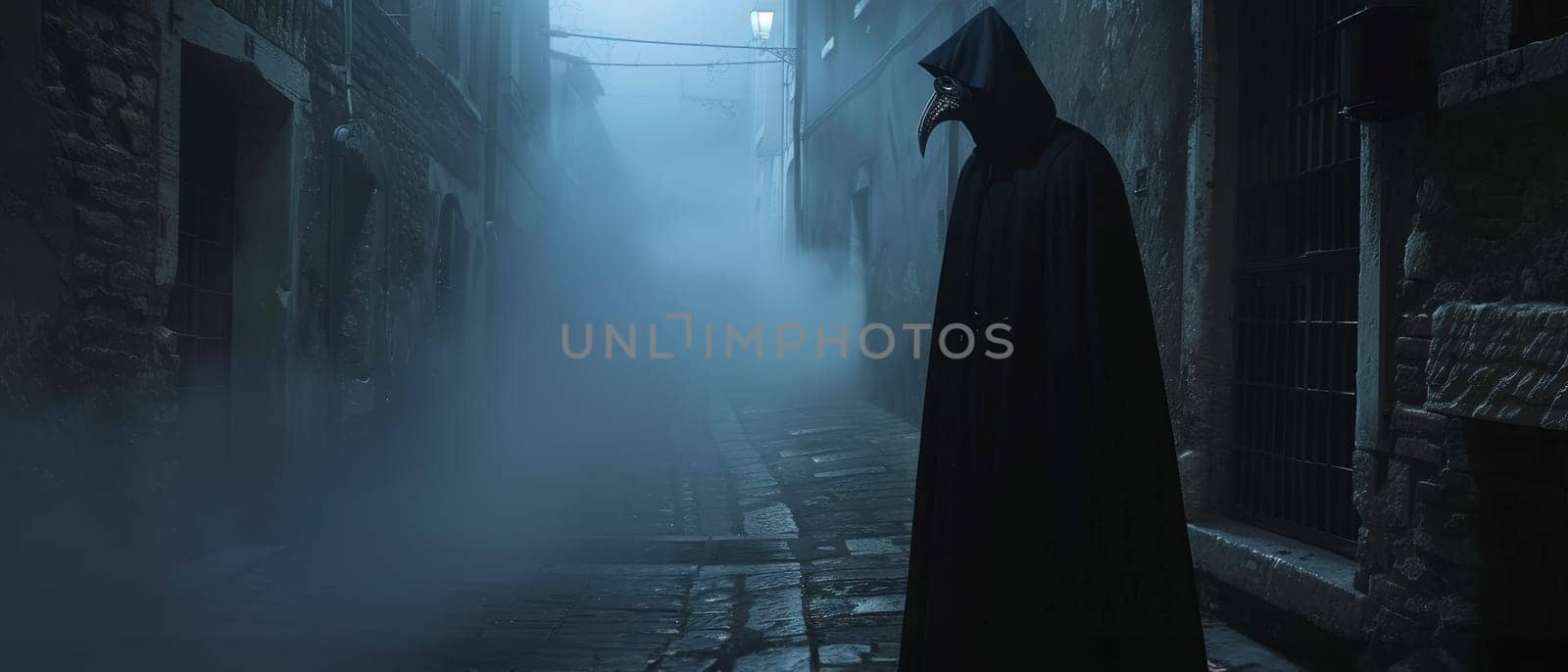 A cloaked figure stands ominously in a foggy, dimly lit alleyway at night, evoking a mysterious and eerie atmosphere.