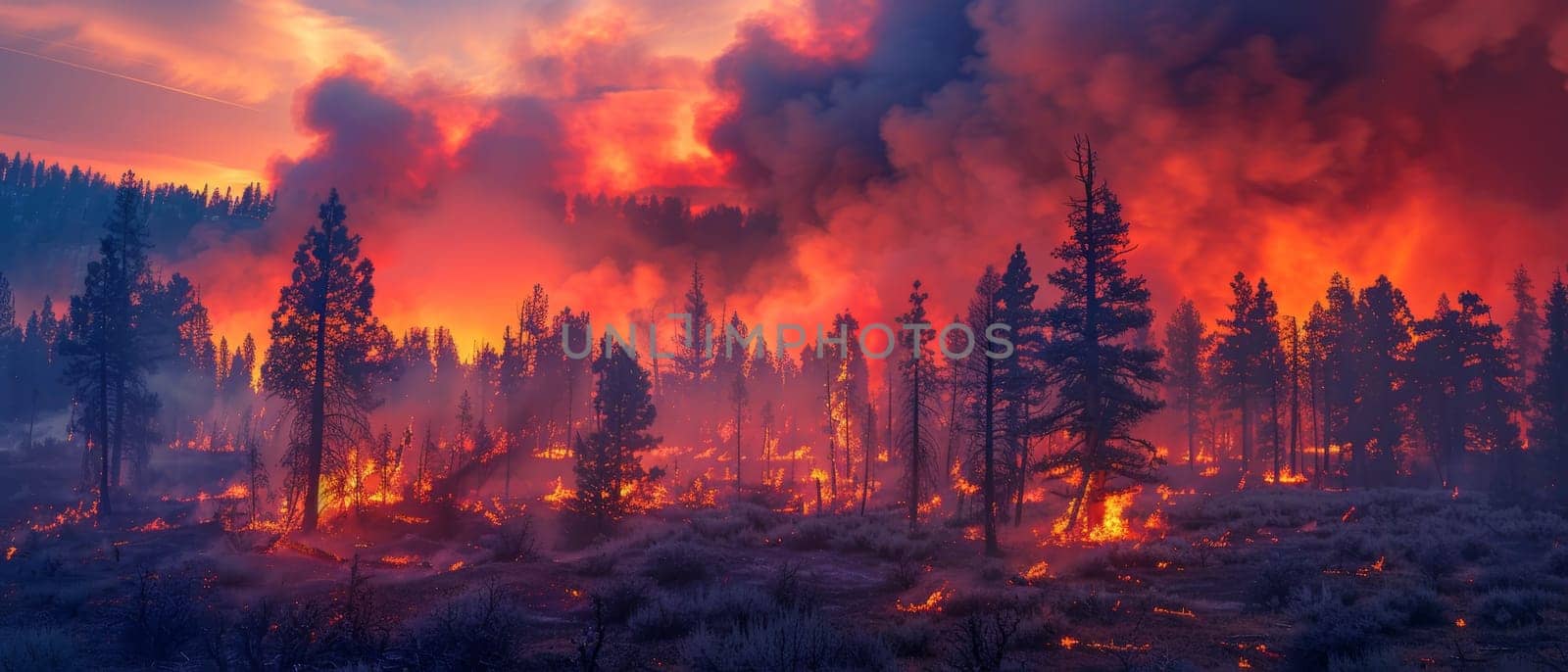A devastating wildfire ravages through a dense forest, with flames and smoke billowing under a dramatic sky.