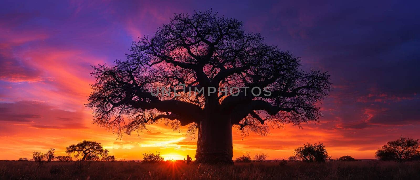 Stunning african baobab tree silhouetted against a fiery sunset sky