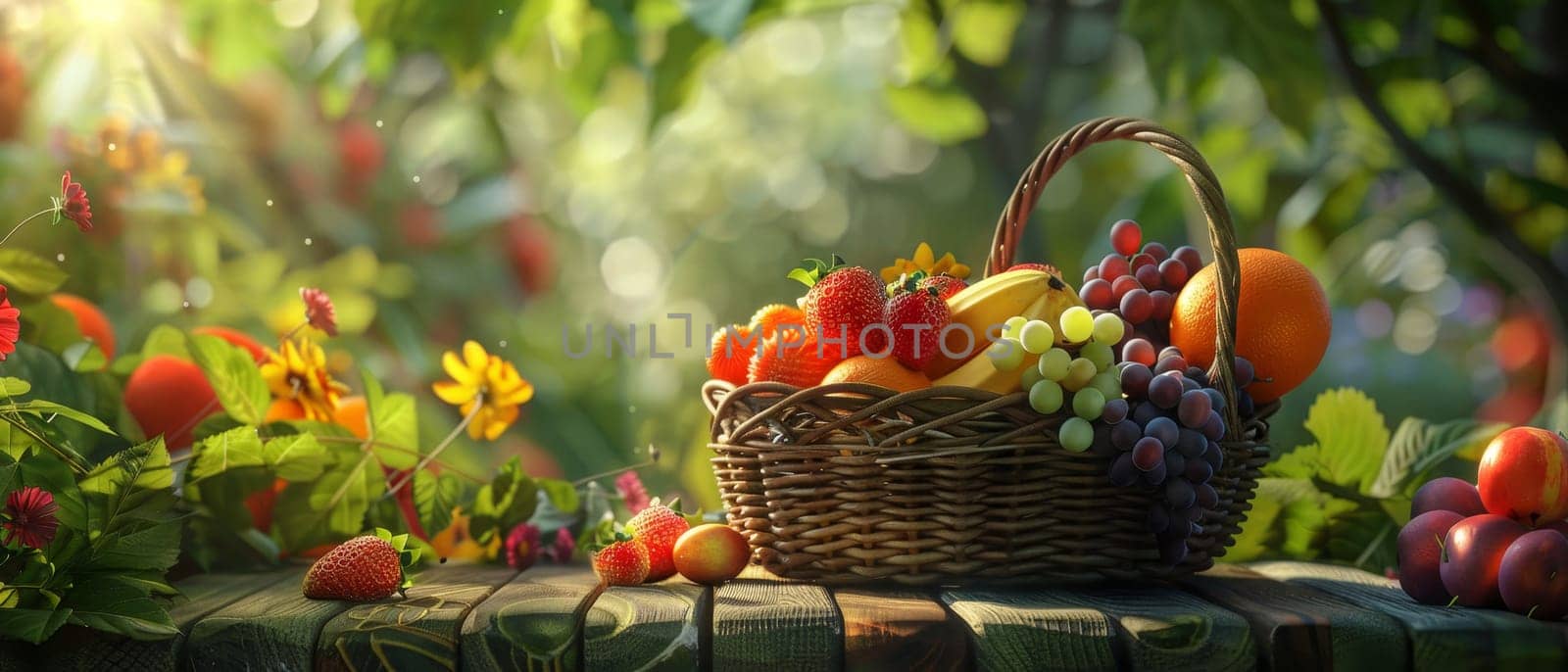 Colorful fruit basket arrangement on wooden table, inviting and vibrant still life composition
