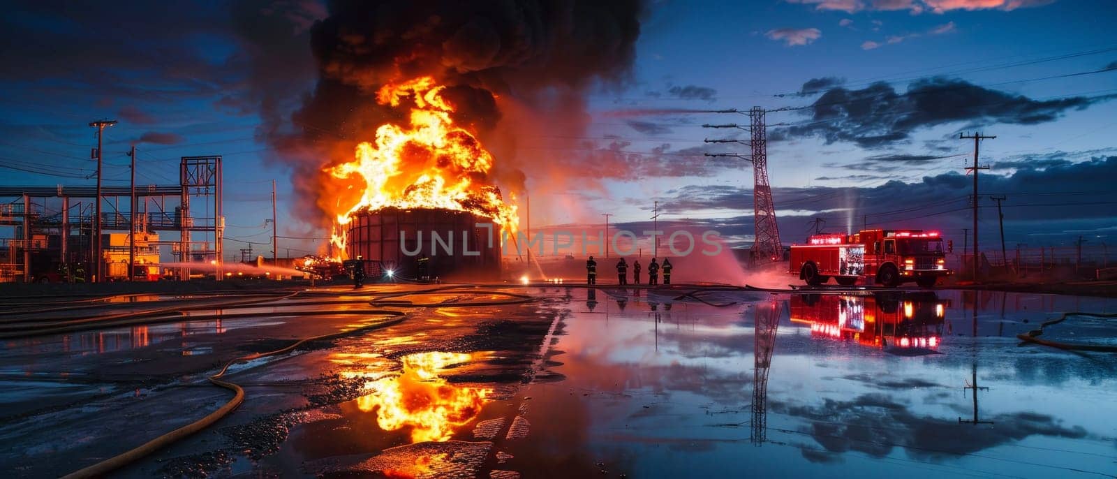 Dramatic fiery explosion at industrial plant with reflections at dusk