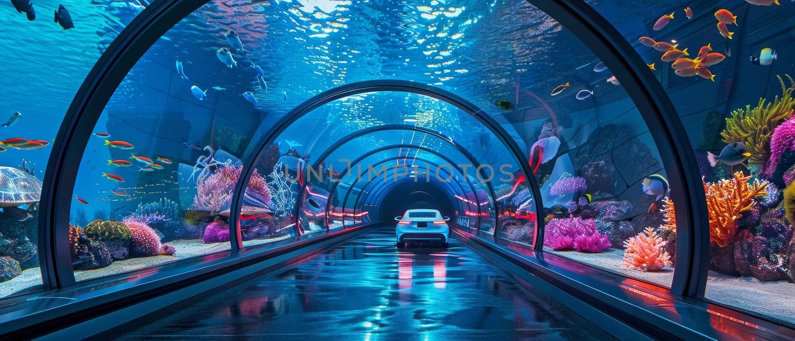 Futuristic car drives through a transparent ocean tunnel surrounded by vibrant marine life