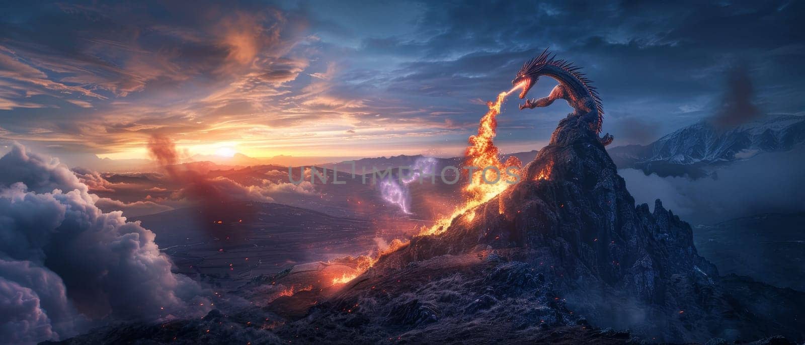 Epic fantasy scene of a fiery dragon emerging from a volcanic eruption against a dramatic sky