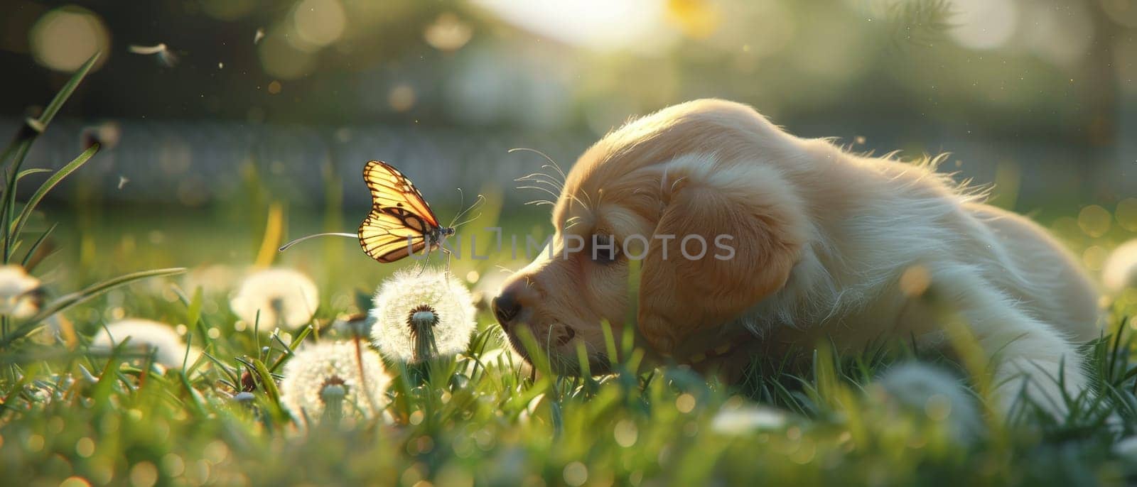 A curious puppy, possibly a Cocker Spaniel or a mix, fixates on a colorful butterfly perched on a fuzzy dandelion seed head