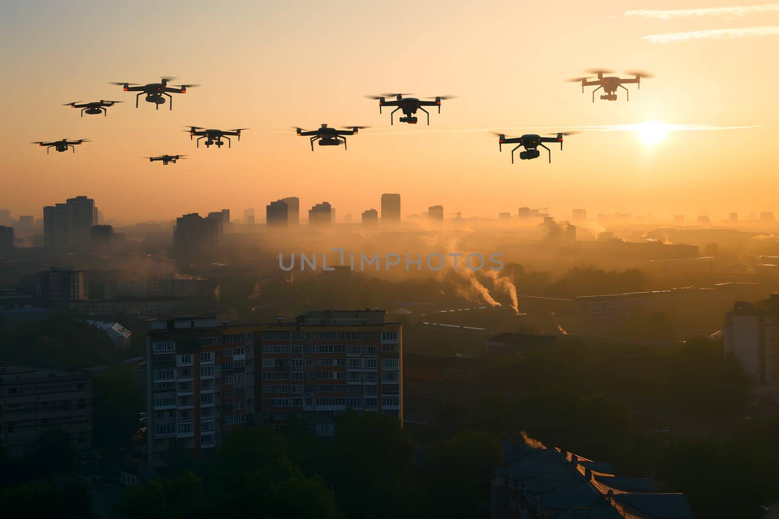 Group of drones over city at summer morning. Neural network generated image. Not based on any actual scene or pattern.