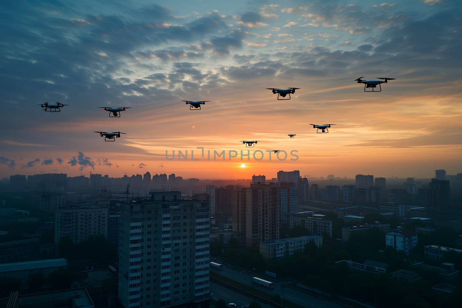 Group of drones over city at summer morning. Neural network generated image. Not based on any actual scene or pattern.